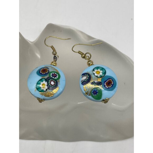 Shades Of Blue Glass Jewelry Bead Necklace Stretch Bracelet & Millefiori Drop Ea - Picture 3 of 12